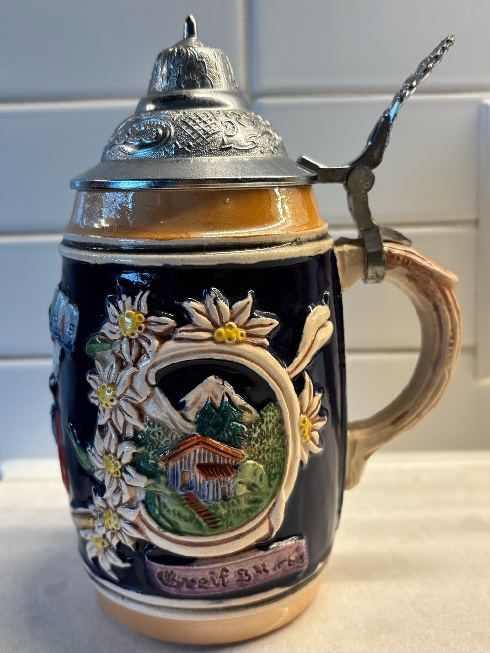 Vintage German Beer Stein with Pewter Lid ft. Bavarian Landscapes & Traditions